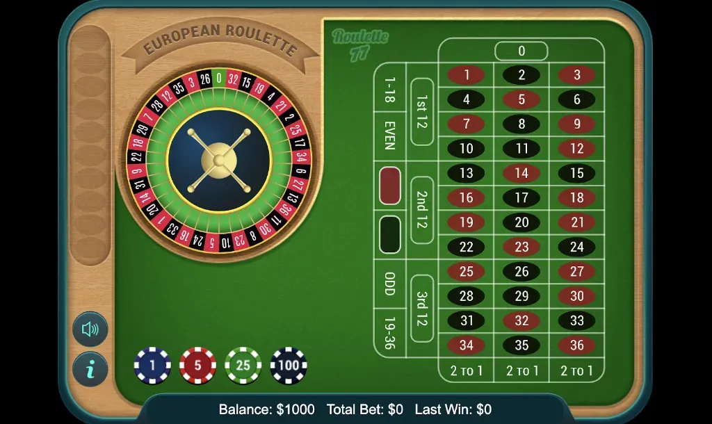 European Roulette - Game interface with wheel and table.