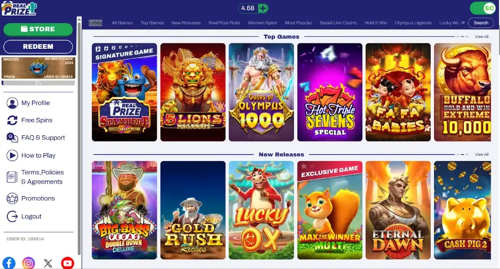 Real Prize - Website banner with game selection.