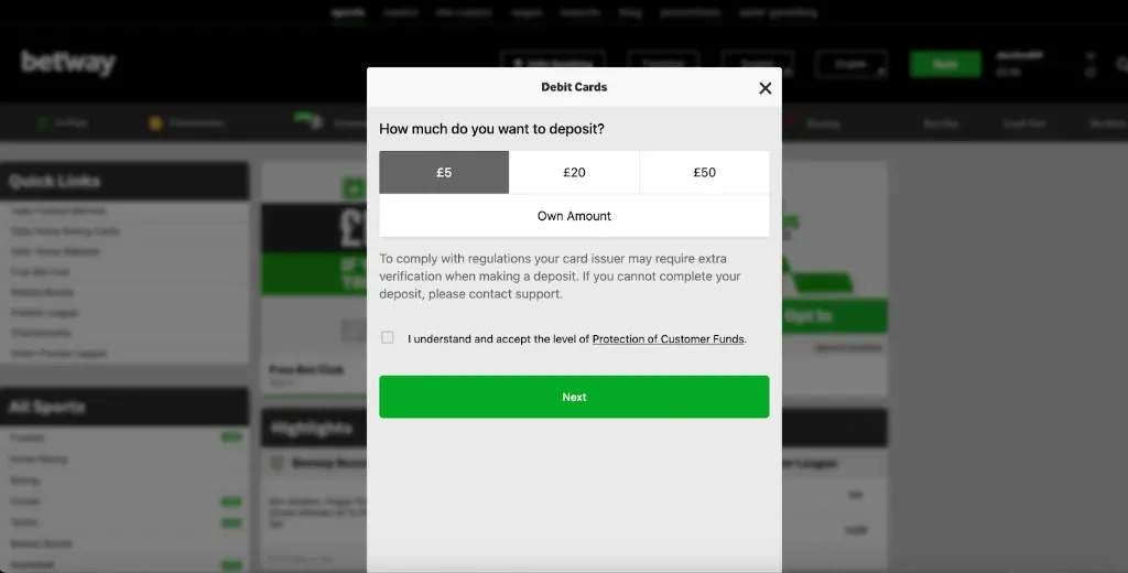 Betway - Interface screenshot with deposit options.