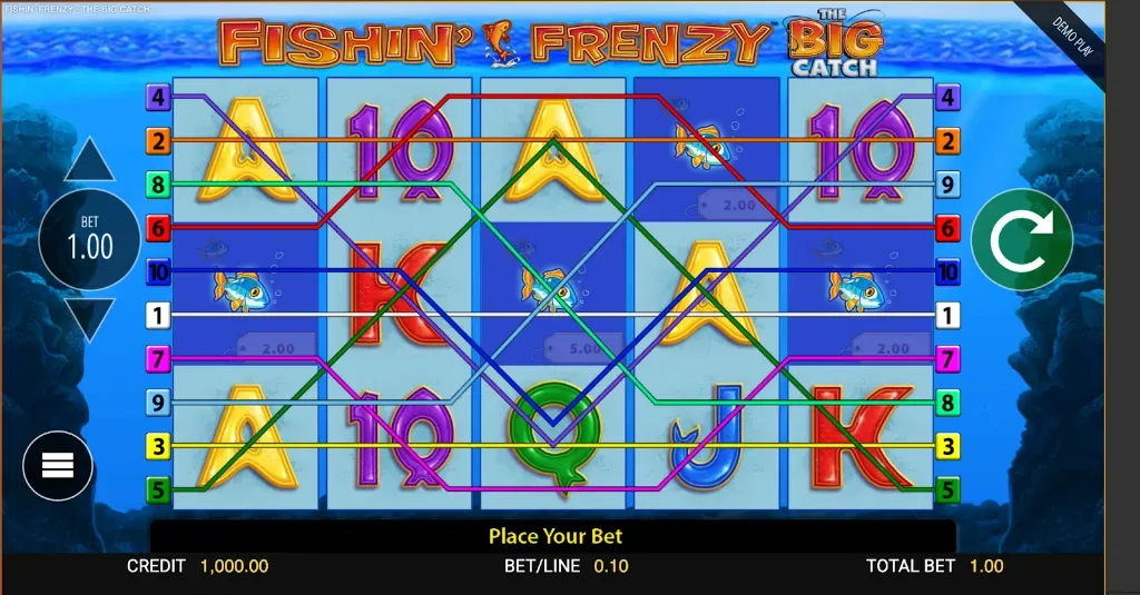 Fishin' Frenzy - Game screenshot with colorful reels.