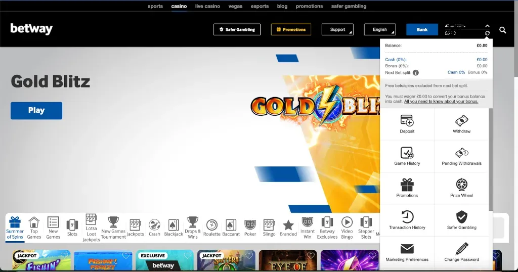 Betway - Banner with Gold Blitz game display.