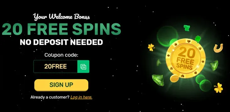 Your Casino - Banner with 20 Free Spins offer.