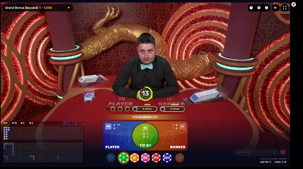 Grand Bonus Baccarat - Game table with dealer.