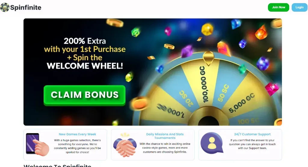 Spininfinite - Banner with welcome wheel promotion.
