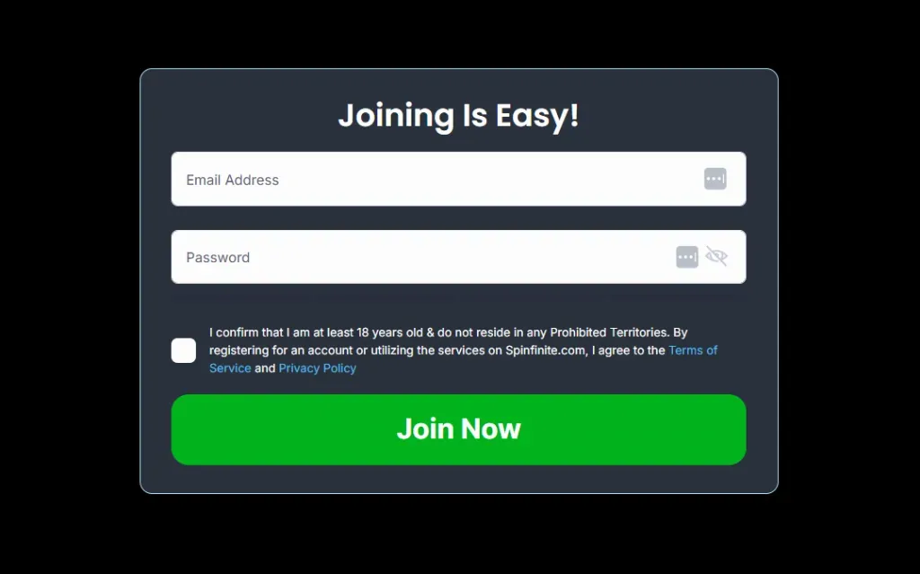 Spinfinite - Banner with registration form.
