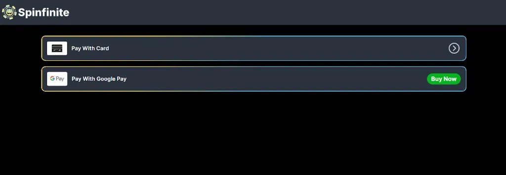 Spinfinite - Banner with payment options displayed.
