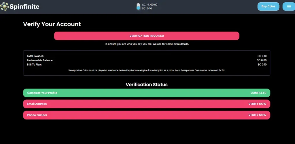 Spinfinit - Banner with account verification details.