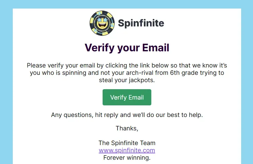 Spinfinite - Email Verification Banner with logo.