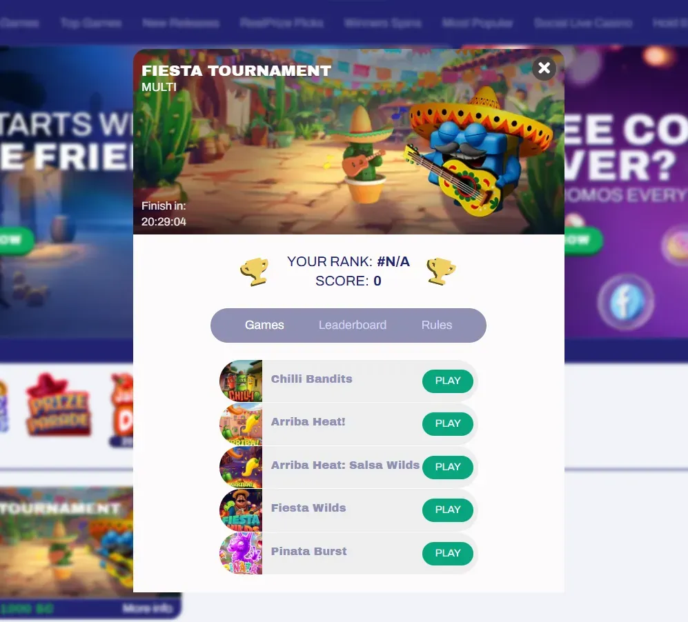 Fiesta Tournament banner with colorful characters.