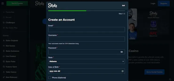 Stake - Screenshot of account creation page.