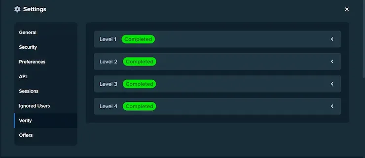 Stake.us - screenshot with settings menu.