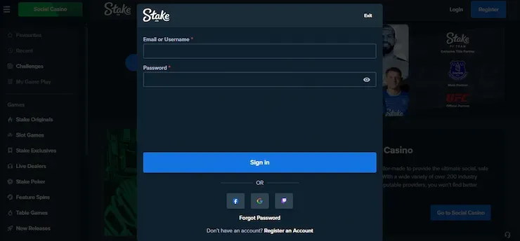 Stake - Screenshot with login interface.