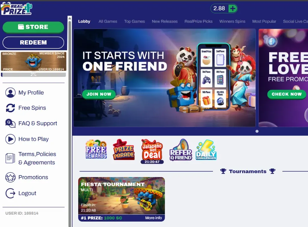 RealPrize - Banner with panda characters and prizes.