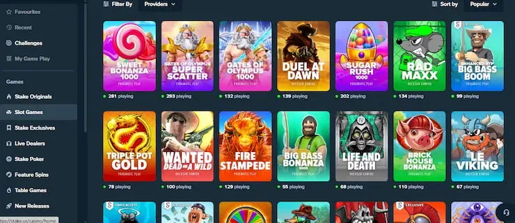 Stake - Game Display with various slot titles.