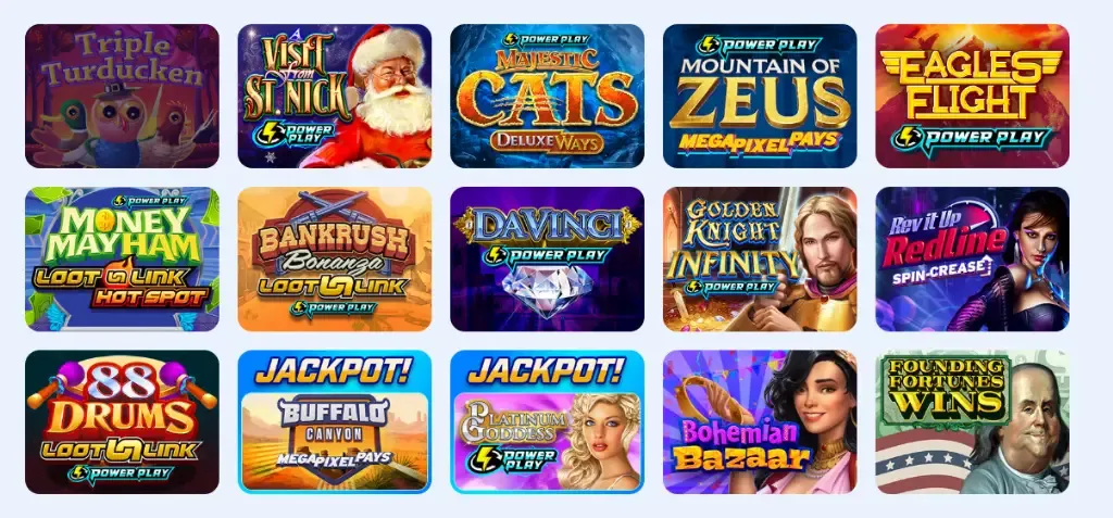 Power Play - Banner with various game titles.