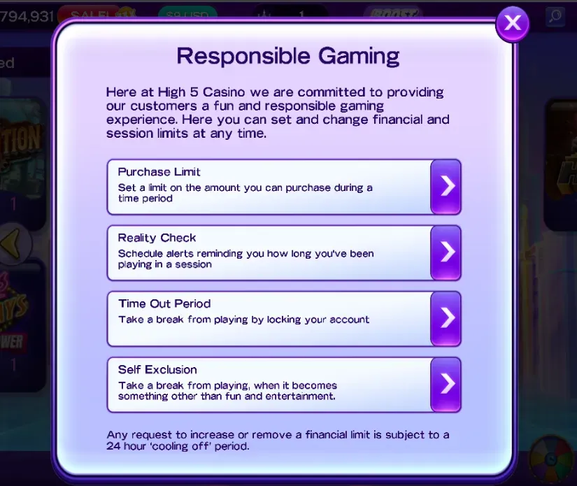 High 5 Casino - Banner with responsible gaming tips.