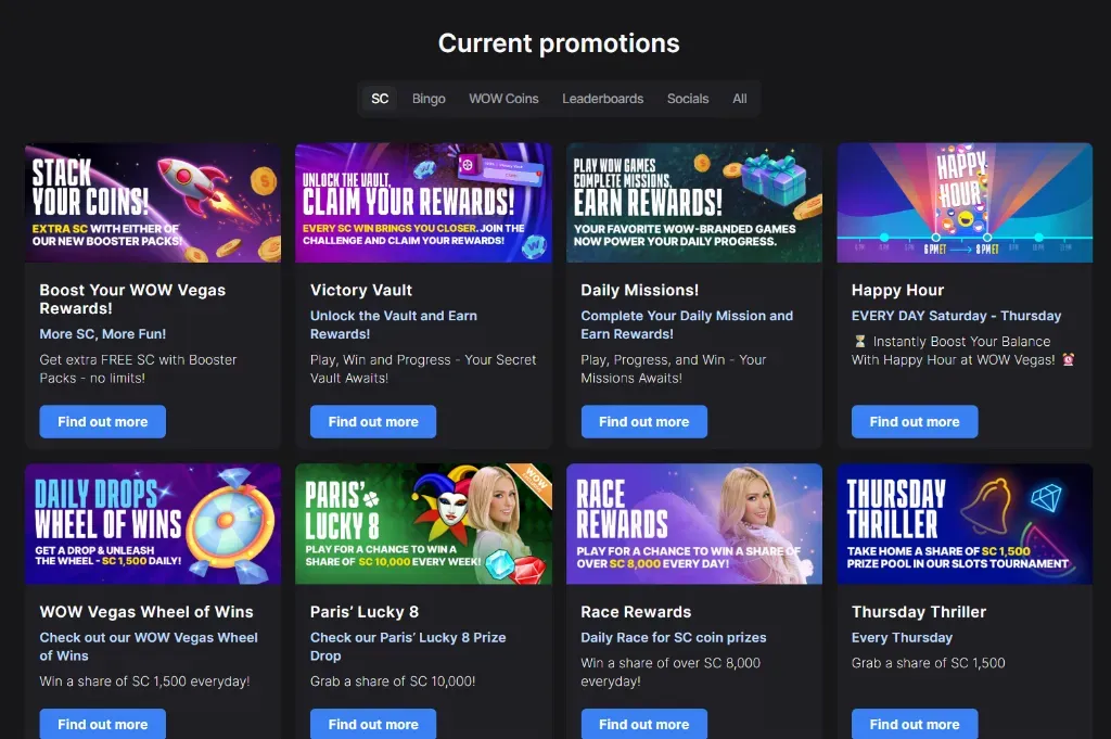 WOW Vegas - Banner with promotional offers.