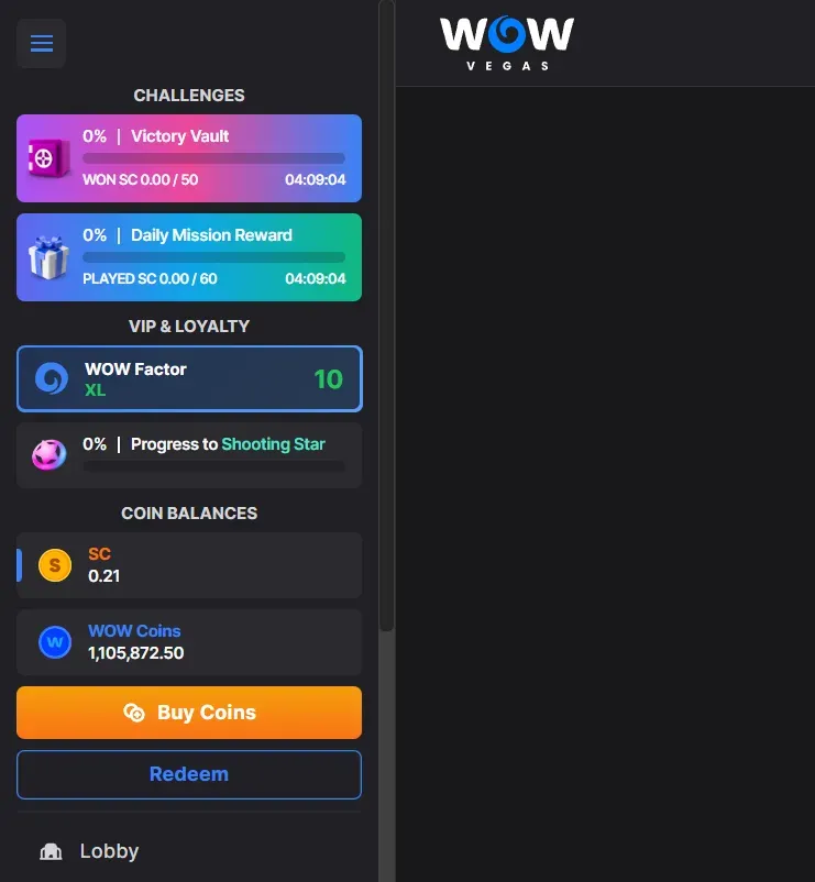 WOW Vegas - App interface with loyalty features.