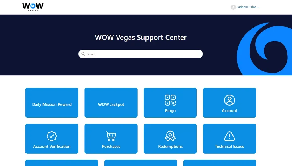 WOW Vegas - Support Center banner with blue theme.