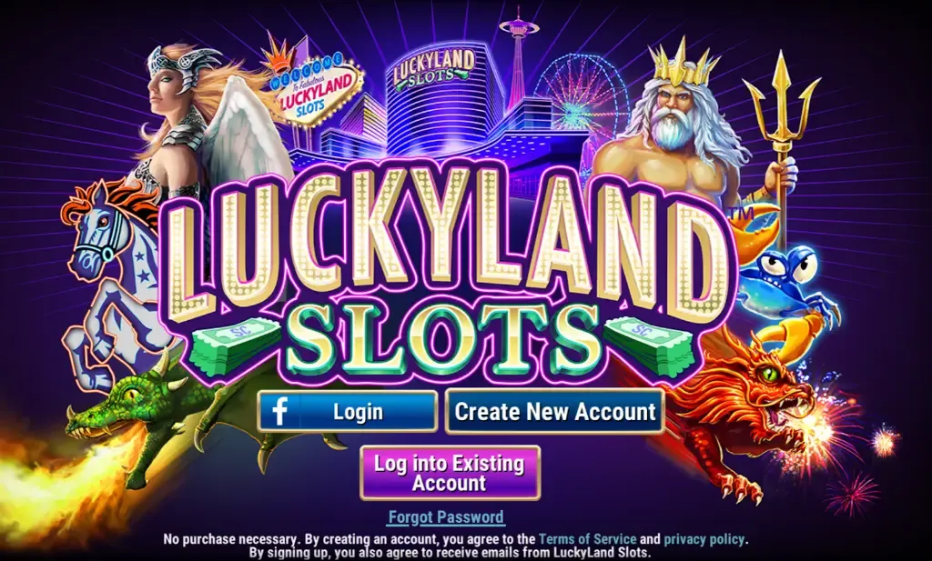 LUCKYLAND SLOTS - Banner with vibrant characters.