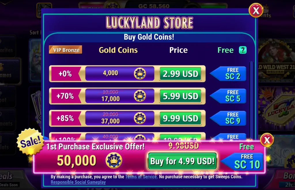 LUCKYLAND - Product photo with gold coin offers.