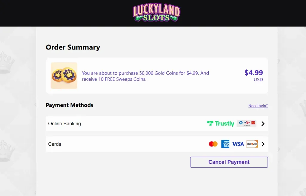 Luckylane Slots - Order Summary with payment options.