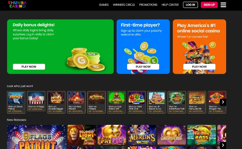 Chumba Casino - Banner with bonus offers.