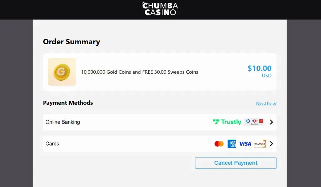 Chumba Casino - Order Summary with coins and payment options.