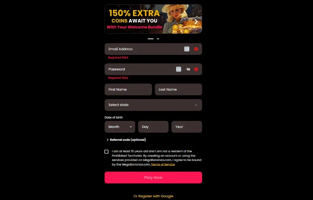 Mega Bonanza - Banner with welcome offer details.