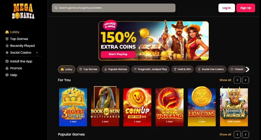 Mega Bonanza - Banner with game promotions.