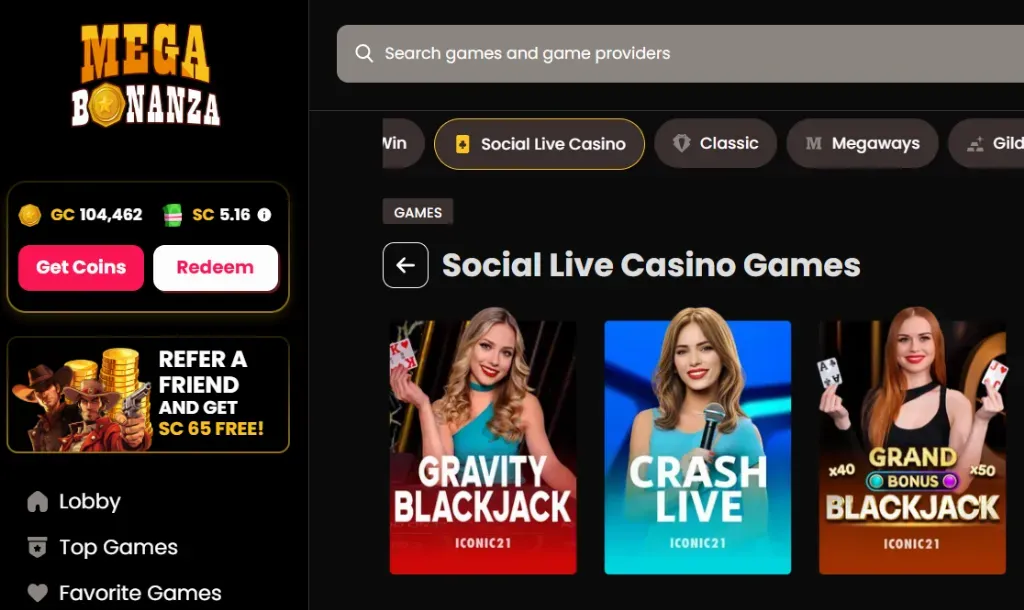 MEGA BONANZA - Banner with live casino games.