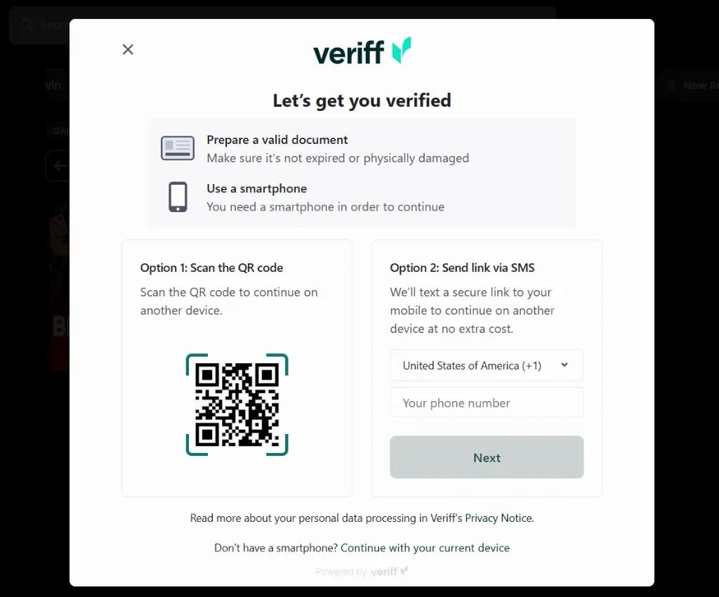 Veriff - Screenshot with verification options.
