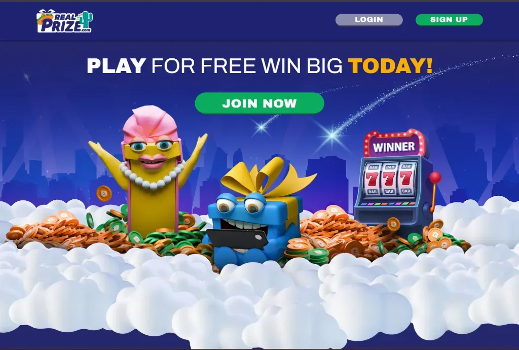 RealPrize - Banner with colorful characters and prizes.