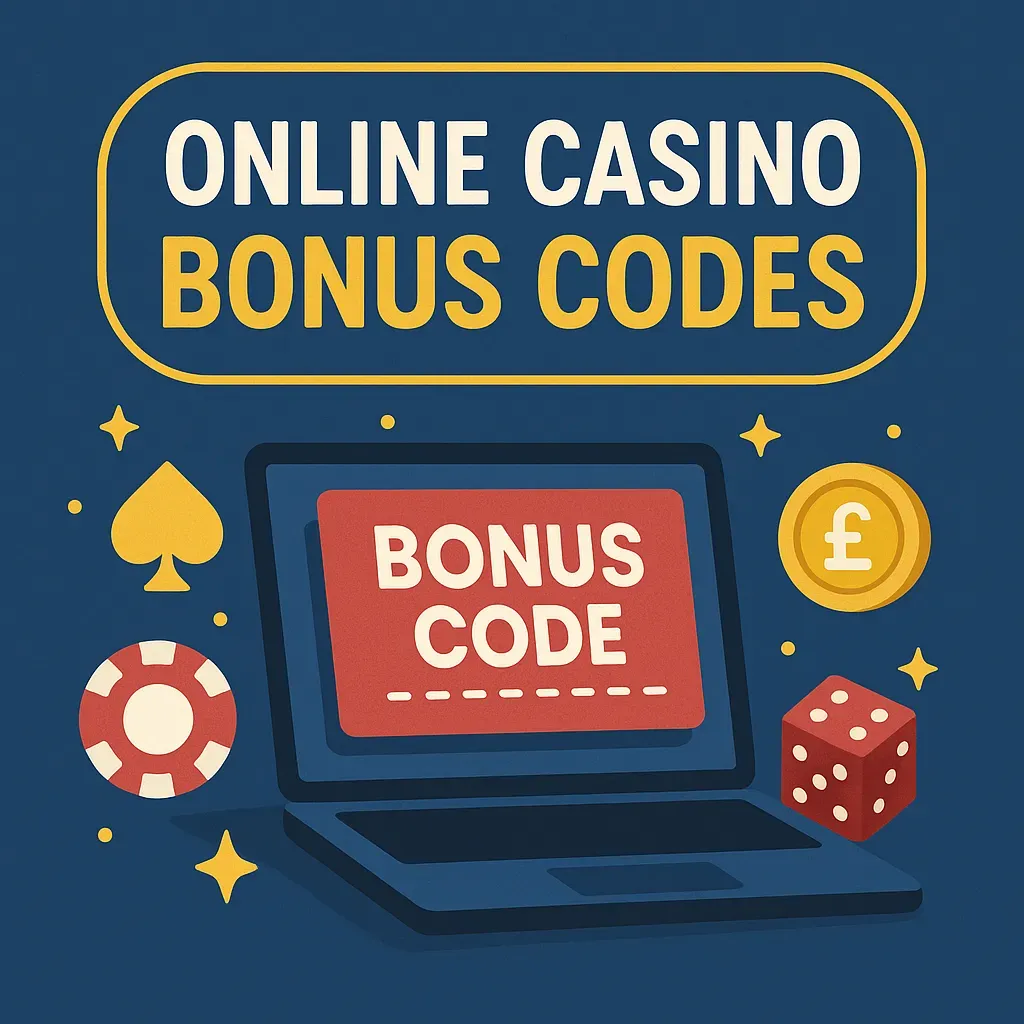 Laptop screen showing an online casino bonus code offer with British pound and poker chips around.