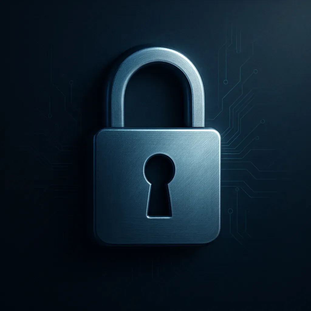 Hyperrealistic close-up of a silver-blue metallic padlock set against a dark blue, tech-inspired background with faint glowing circuit-line patterns, symbolizing secure and professional data protection.