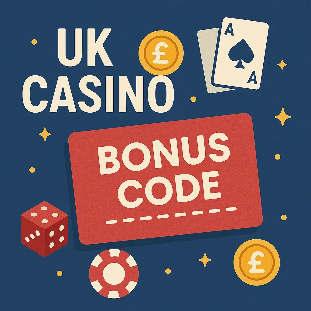 Red coupon with "Bonus Code" text surrounded by UK casino symbols like dice, cards, and pound coins.