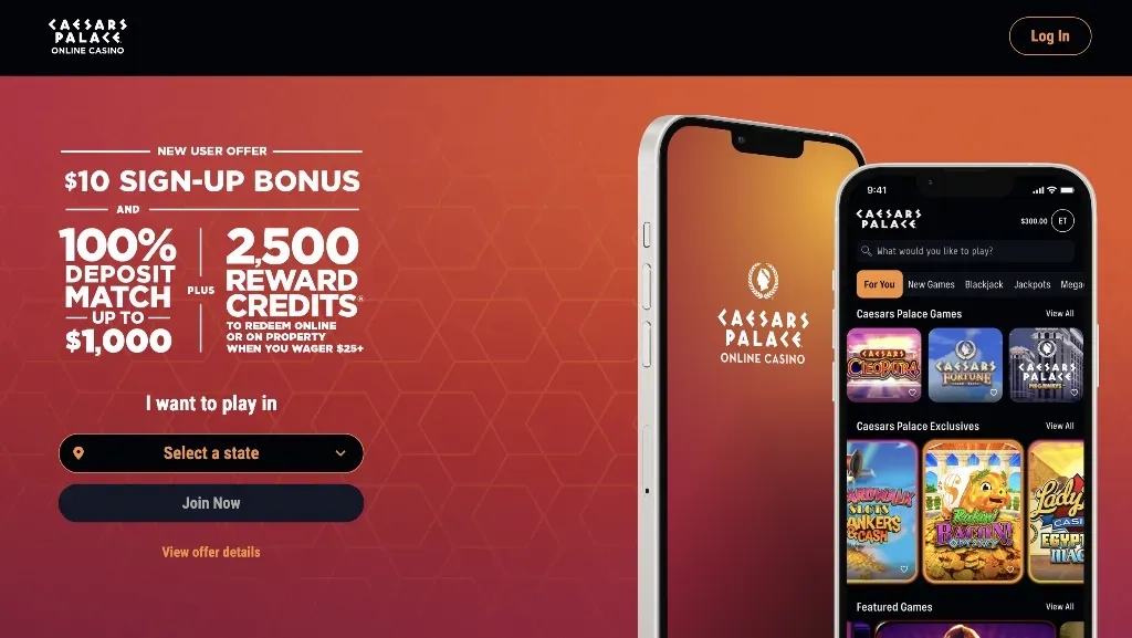 Caesars Palace - Banner with sign-up offer details.