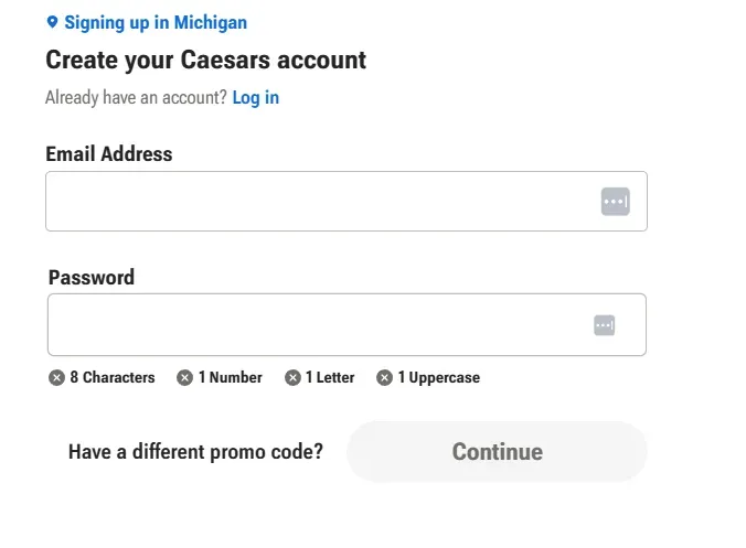 Caesars - Banner with account creation form.
