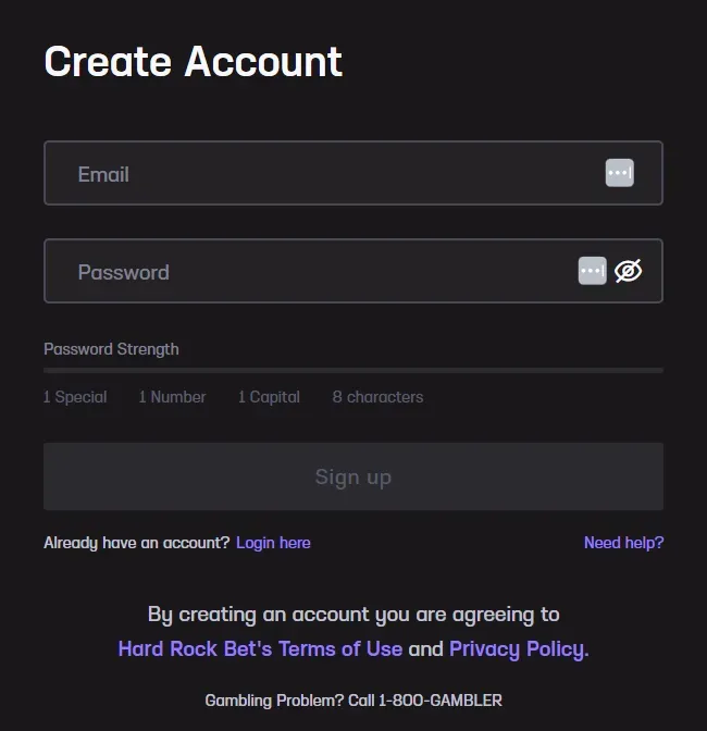 Hard Rock Bet - Banner with account creation form.