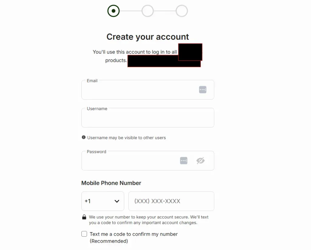 Create account - Form with user input fields.