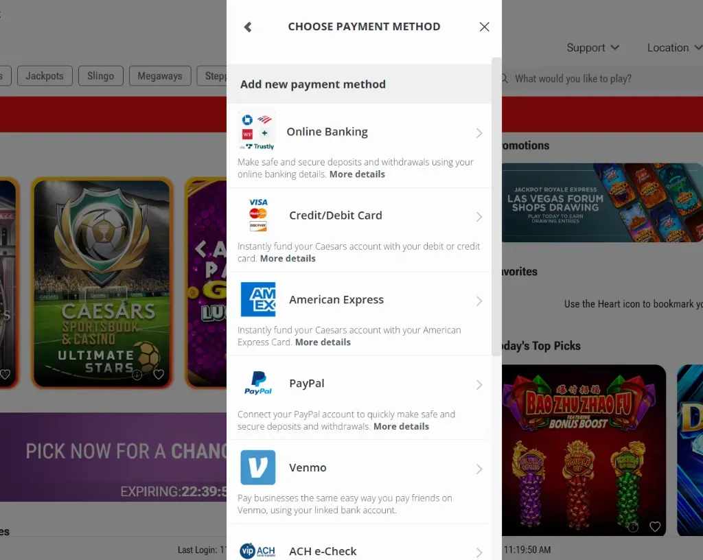 Caesars - Banner with payment methods options.