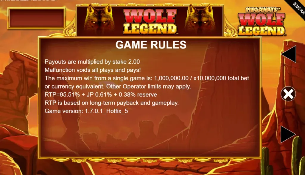 Wolf Legend - Game Rules banner with payout details.