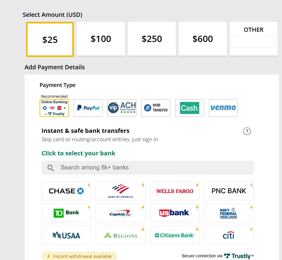 Make Deposit - Banner with payment options displayed.