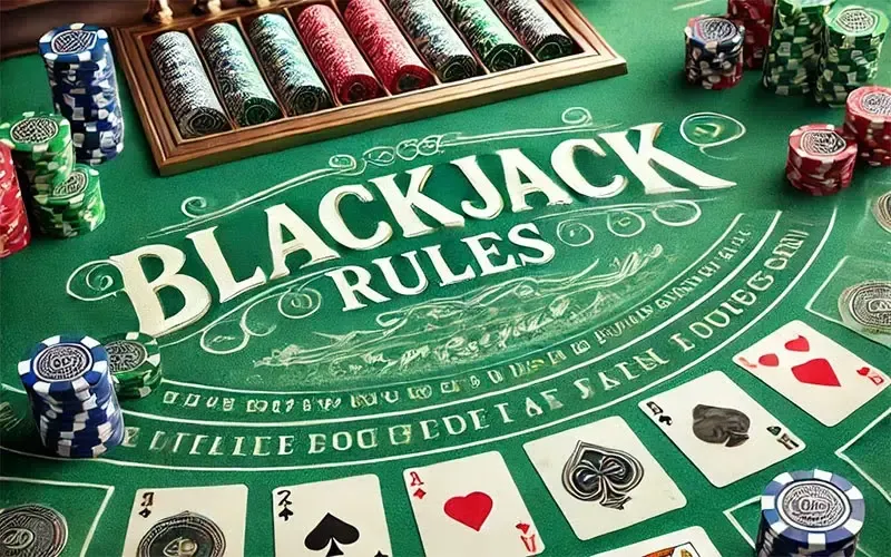 Online Blackjack - Banner with game rules and chips.