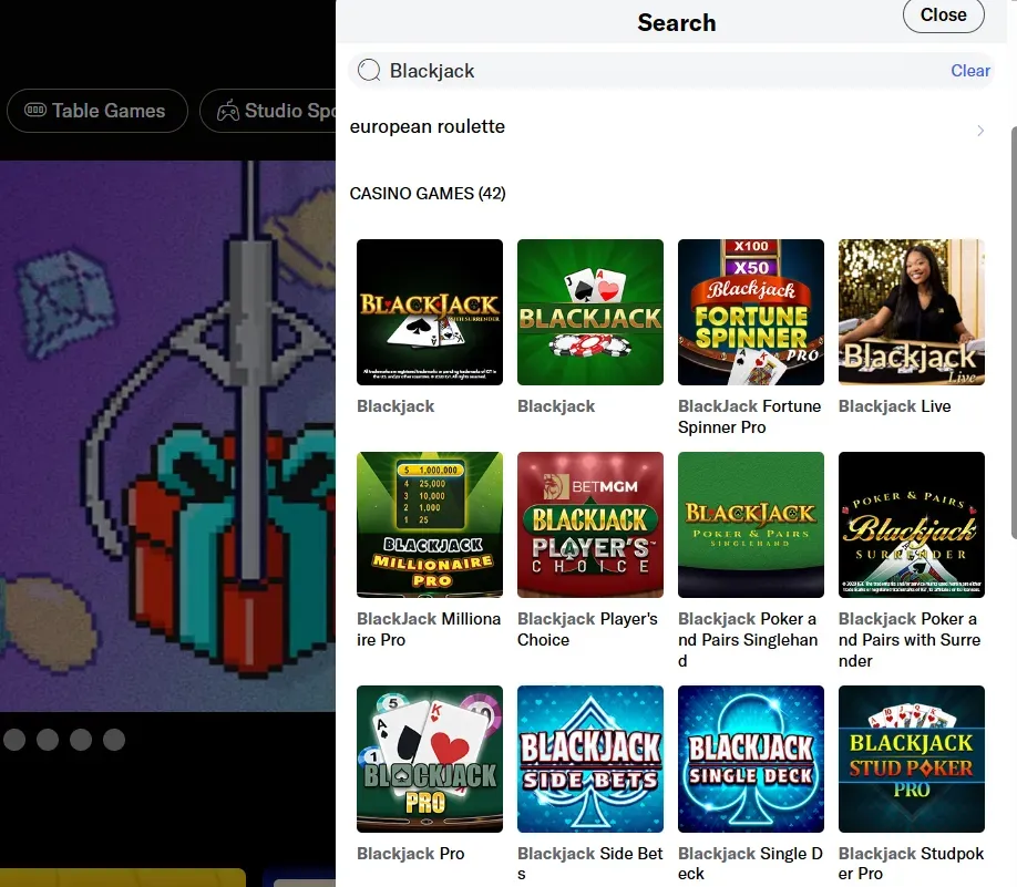Blackjack - Banner with various game options.