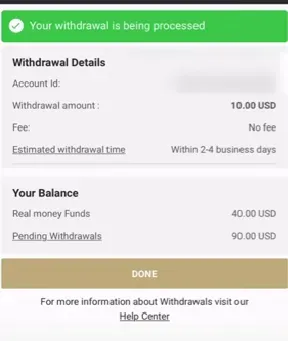 Withdrawal Processing Times - Screenshot with details.