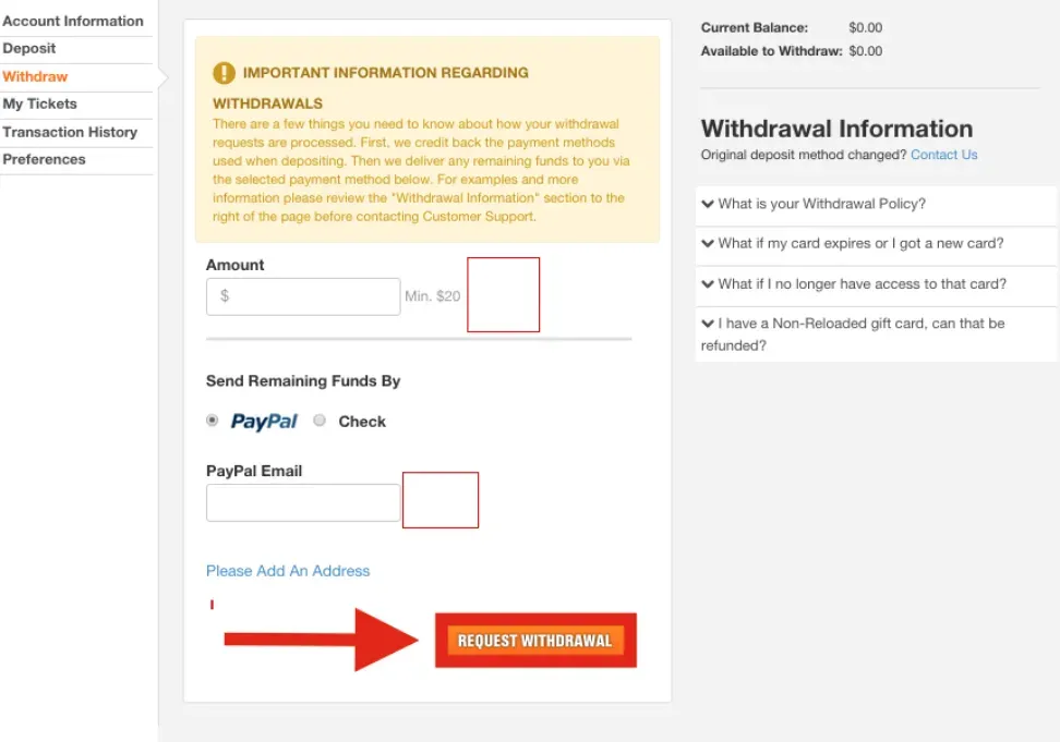 Withdrawals - Screenshot with request form.