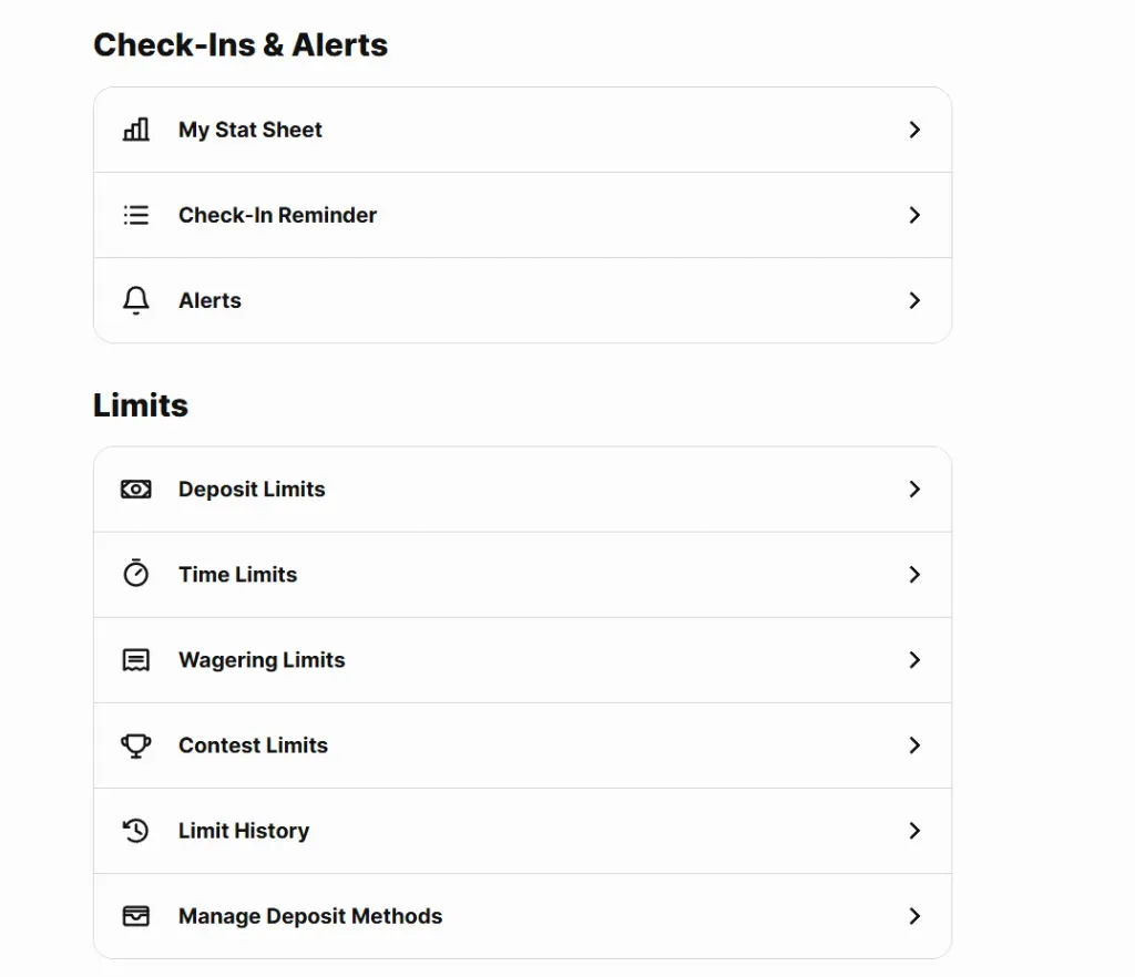 Responsible Gambling Tools - Screenshot with limits options.