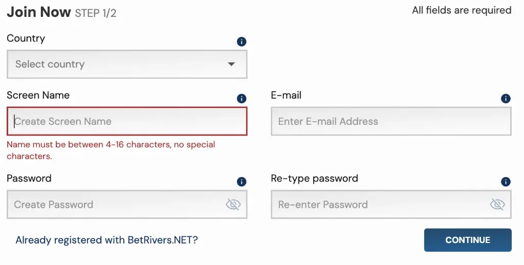 BetRivers - Sign Up Form with input fields.