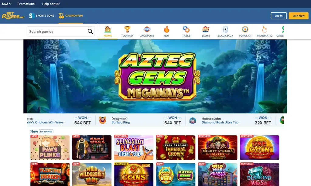 BetRivers - Banner with Aztec Gems Megaways game.